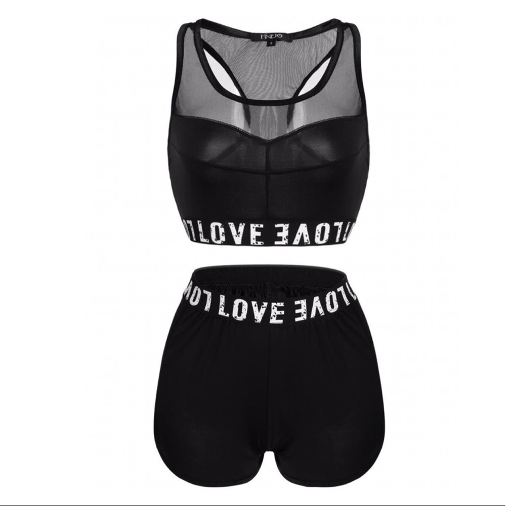 Love Mesh Print Sports Bra + Shorts Set